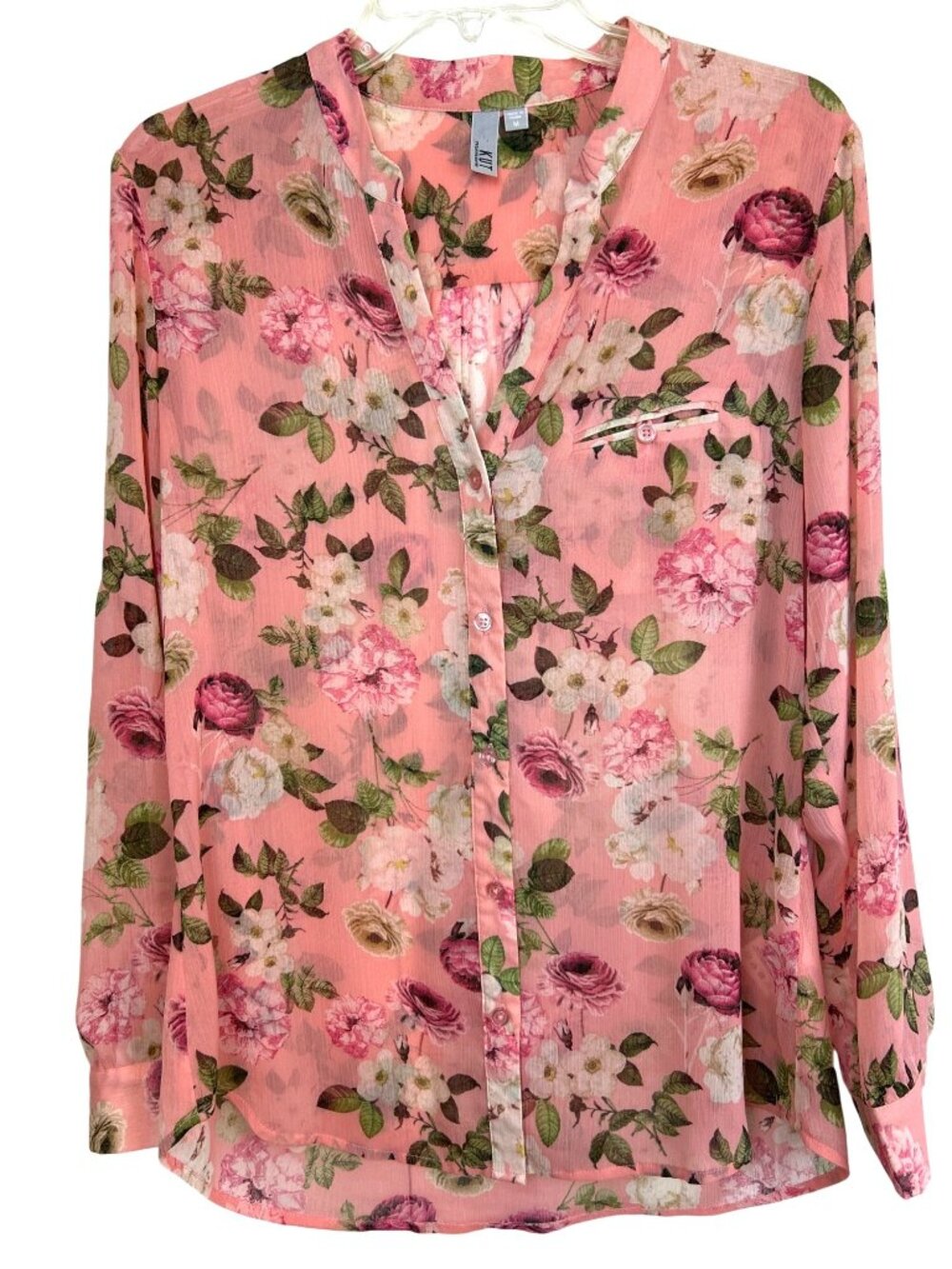 Kut from the Kloth Floral Button Up Blouse Sz M Pink Sheer Lightweight Romantic - Picture 8 of 14